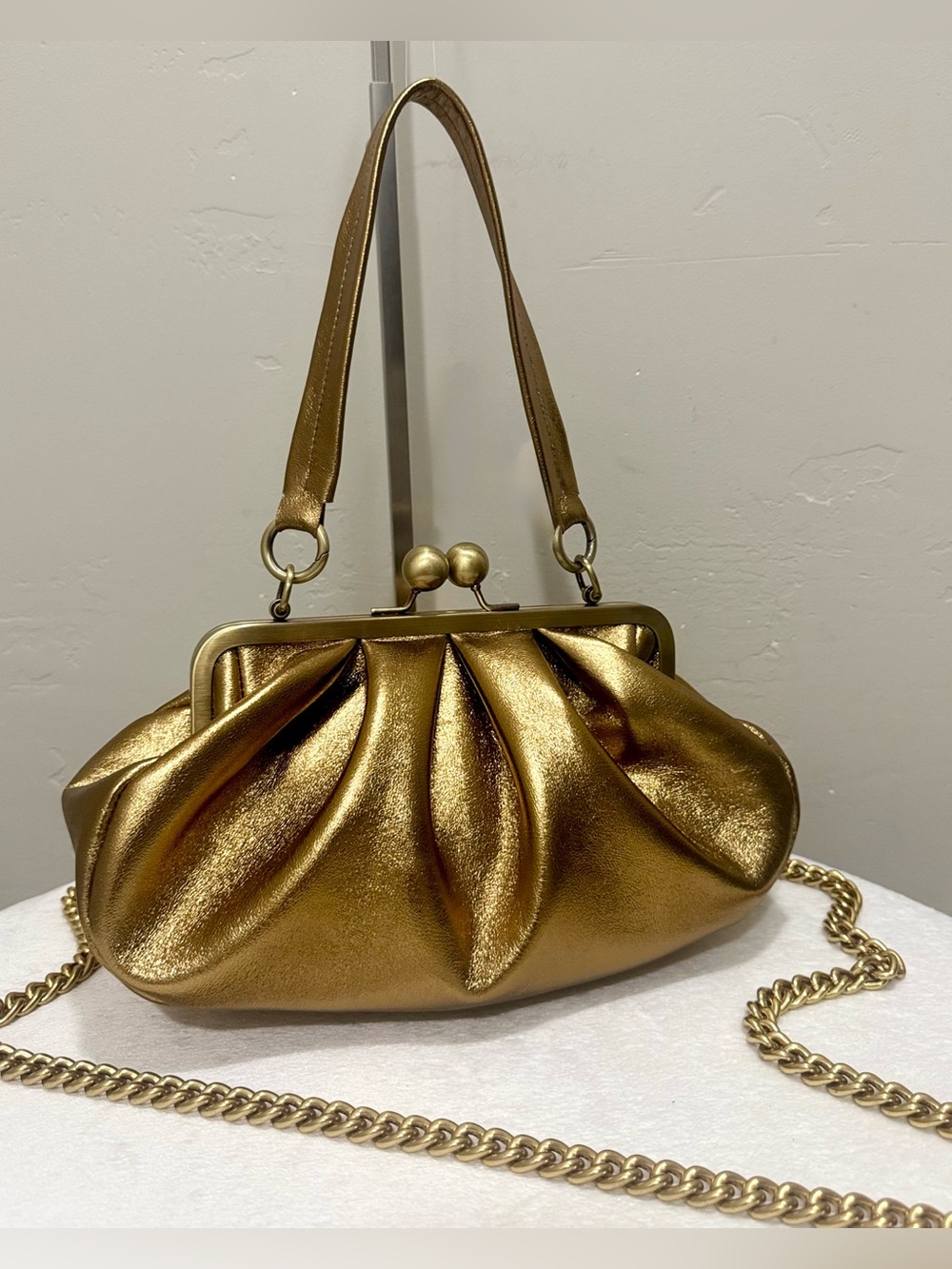 Dark Gold Genuine Lambskin Handmade Kisslock Frame Slouchy Bag, Multi Use Style